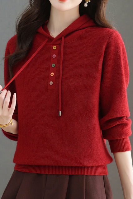 Casual Hooded Drawstring Knit Sweater with Colorful Buttons - liwisi