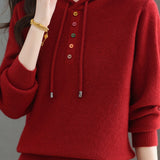 Casual Hooded Drawstring Knit Sweater with Colorful Buttons - liwisi