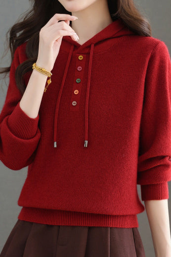 Casual Hooded Drawstring Knit Sweater with Colorful Buttons - liwisi