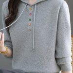 Casual Hooded Drawstring Knit Sweater with Colorful Buttons - liwisi