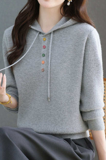 Casual Hooded Drawstring Knit Sweater with Colorful Buttons - liwisi