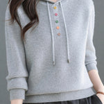Casual Hooded Drawstring Knit Sweater with Colorful Buttons - liwisi