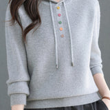 Casual Hooded Drawstring Knit Sweater with Colorful Buttons - liwisi