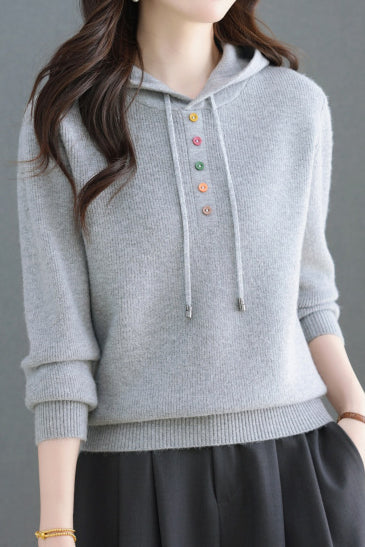 Casual Hooded Drawstring Knit Sweater with Colorful Buttons - liwisi