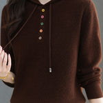 Casual Hooded Drawstring Knit Sweater with Colorful Buttons - liwisi