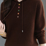 Casual Hooded Drawstring Knit Sweater with Colorful Buttons - liwisi