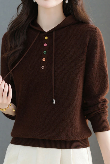 Casual Hooded Drawstring Knit Sweater with Colorful Buttons - liwisi