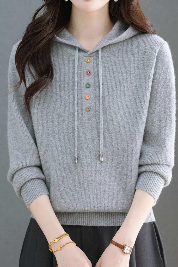 Casual Hooded Drawstring Knit Sweater with Colorful Buttons - liwisi