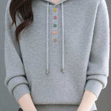 Casual Hooded Drawstring Knit Sweater with Colorful Buttons - liwisi