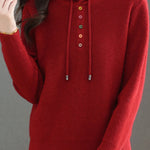 Casual Hooded Drawstring Knit Sweater with Colorful Buttons - liwisi