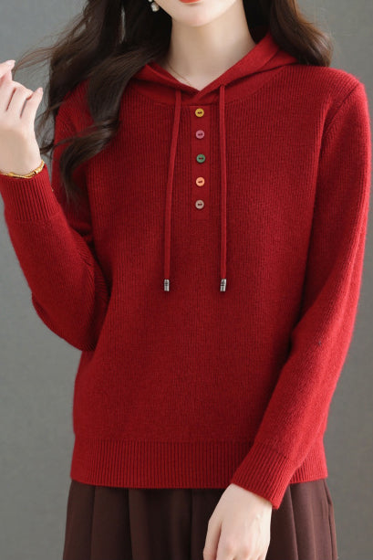 Casual Hooded Drawstring Knit Sweater with Colorful Buttons - liwisi