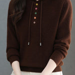 Casual Hooded Drawstring Knit Sweater with Colorful Buttons - liwisi