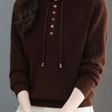 Casual Hooded Drawstring Knit Sweater with Colorful Buttons - liwisi