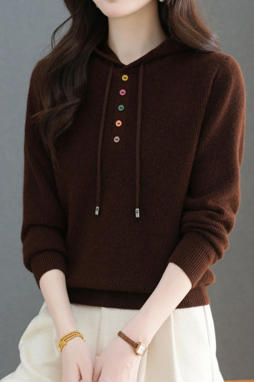 Casual Hooded Drawstring Knit Sweater with Colorful Buttons - liwisi