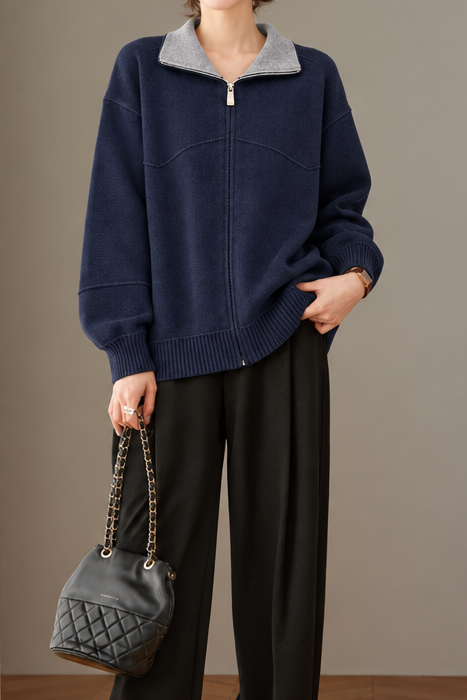 Casual Colorblock Collared Long Sleeve Knit Cardigan - liwisi