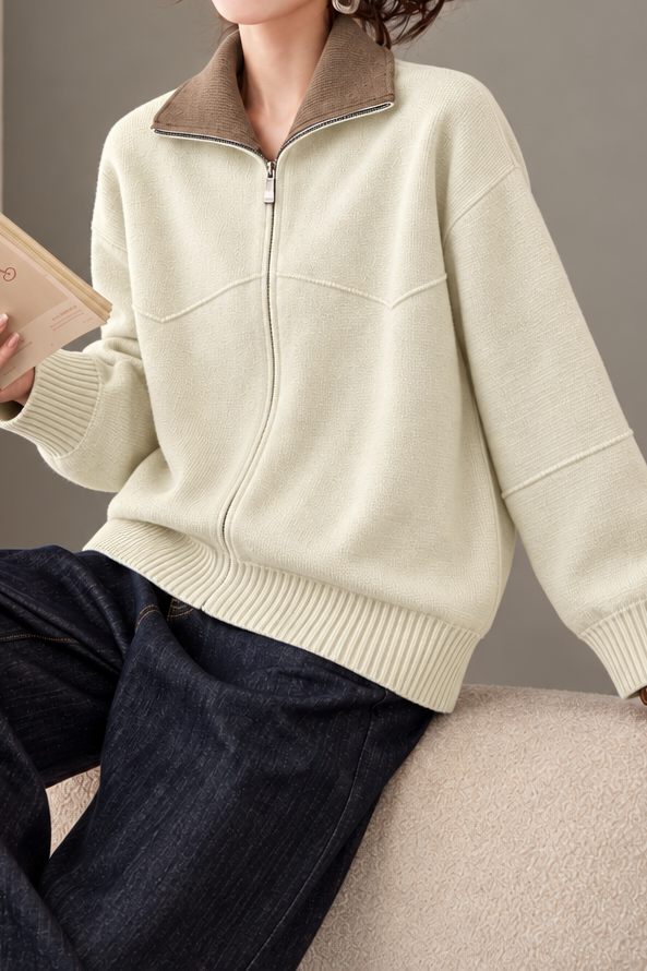 Casual Colorblock Collared Long Sleeve Knit Cardigan - liwisi