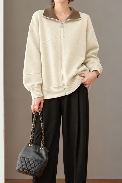 Casual Colorblock Collared Long Sleeve Knit Cardigan - liwisi