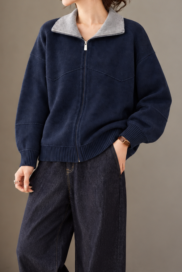 Casual Colorblock Collared Long Sleeve Knit Cardigan - liwisi