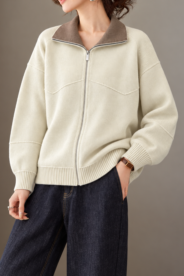 Casual Colorblock Collared Long Sleeve Knit Cardigan - liwisi