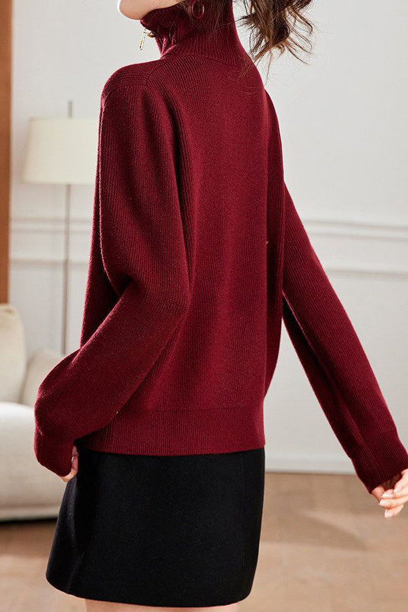 Chic Mock Neck Half Zip Long Sleeve Knit Sweater - liwisi