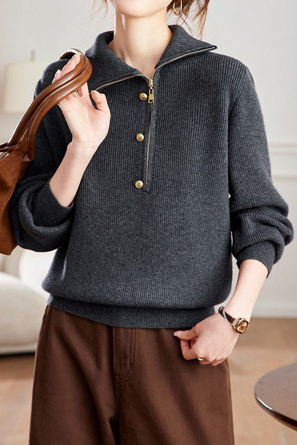 Chic Mock Neck Half Zip Long Sleeve Knit Sweater - liwisi