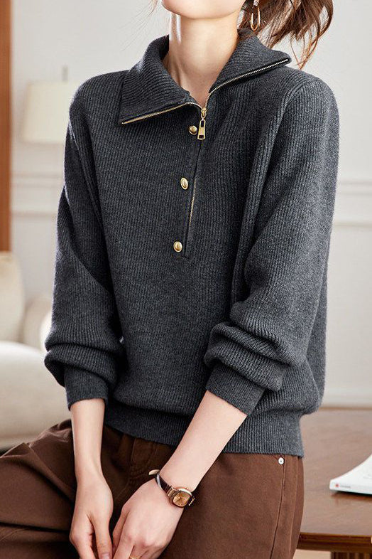 Chic Mock Neck Half Zip Long Sleeve Knit Sweater - liwisi