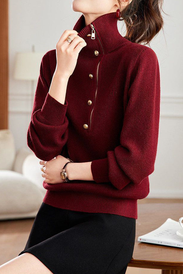 Chic Mock Neck Half Zip Long Sleeve Knit Sweater - liwisi