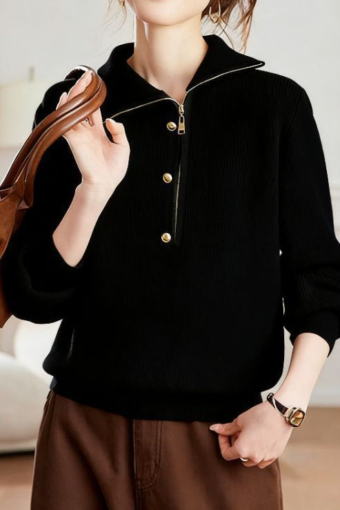 Chic Mock Neck Half Zip Long Sleeve Knit Sweater - liwisi