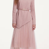 Delicate Asymmetrical Knit Sweater and Pleated Mesh Skirt Set - liwisi