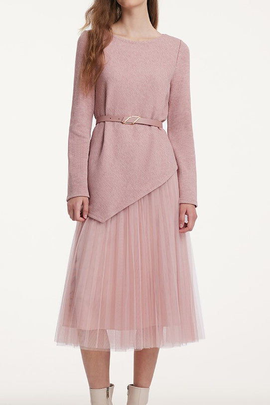 Delicate Asymmetrical Knit Sweater and Pleated Mesh Skirt Set - liwisi