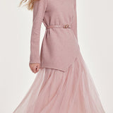 Delicate Asymmetrical Knit Sweater and Pleated Mesh Skirt Set - liwisi