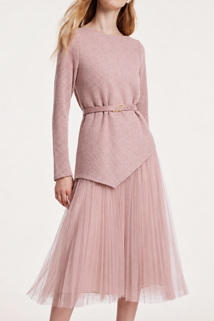 Delicate Asymmetrical Knit Sweater and Pleated Mesh Skirt Set - liwisi