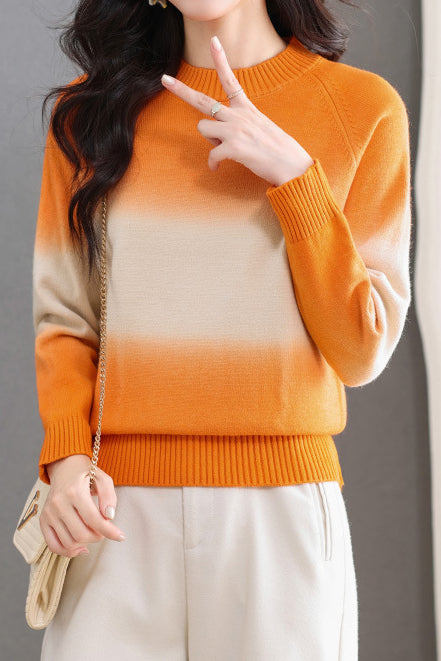Casual Crew Neck Gradient Raglan Sleeve Knit Sweater - liwisi