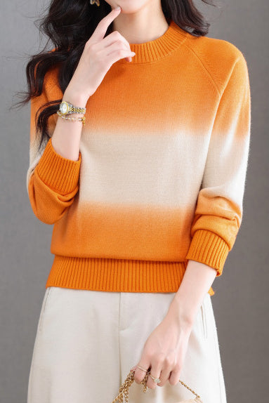 Casual Crew Neck Gradient Raglan Sleeve Knit Sweater - liwisi