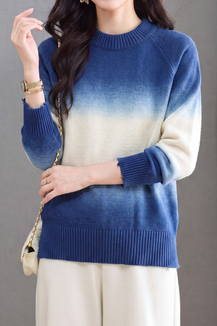 Casual Crew Neck Gradient Raglan Sleeve Knit Sweater - liwisi