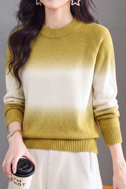Casual Crew Neck Gradient Raglan Sleeve Knit Sweater - liwisi