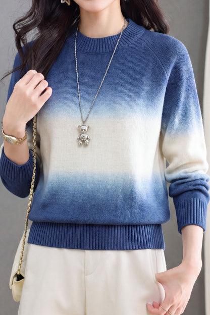 Casual Crew Neck Gradient Raglan Sleeve Knit Sweater - liwisi