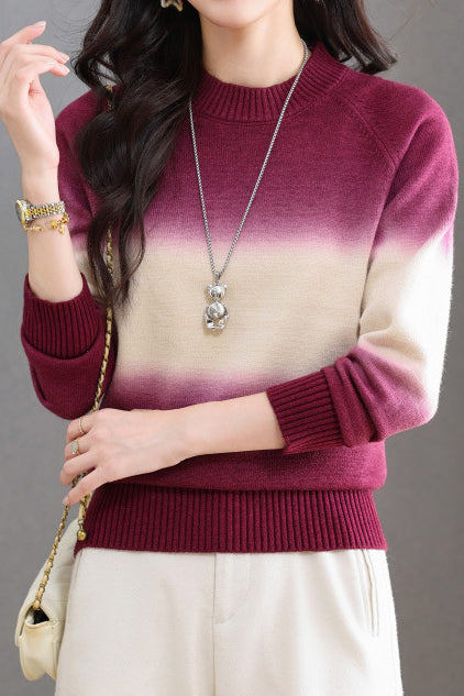 Casual Crew Neck Gradient Raglan Sleeve Knit Sweater - liwisi