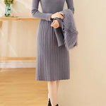 Chic Mock Neck Knit Dress and Faux Fur Collar Cardigan Set - liwisi