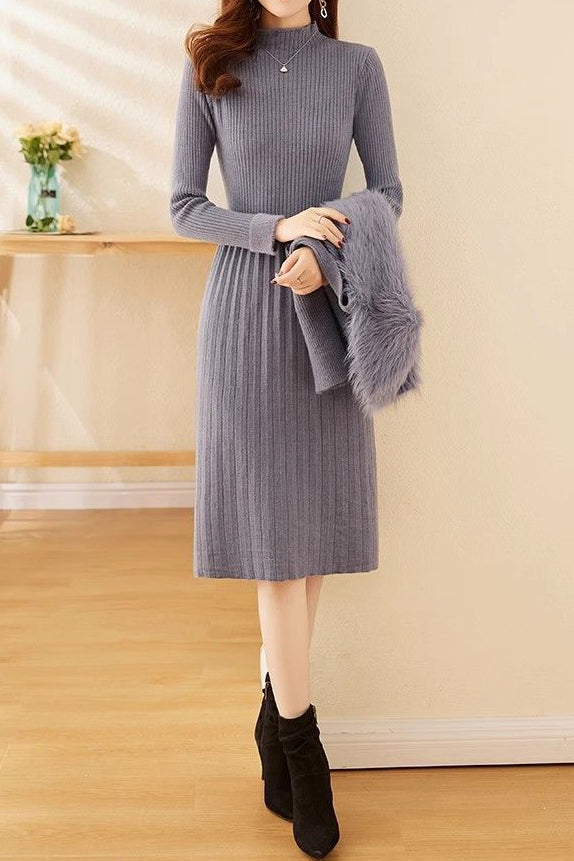 Chic Mock Neck Knit Dress and Faux Fur Collar Cardigan Set - liwisi