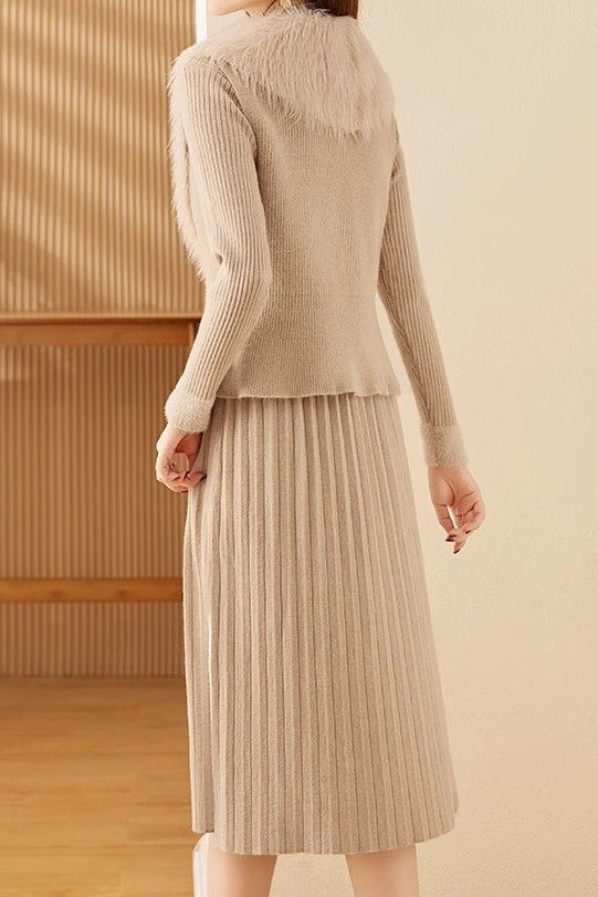 Chic Mock Neck Knit Dress and Faux Fur Collar Cardigan Set - liwisi