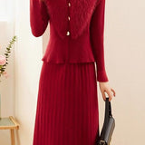 Chic Mock Neck Knit Dress and Faux Fur Collar Cardigan Set - liwisi