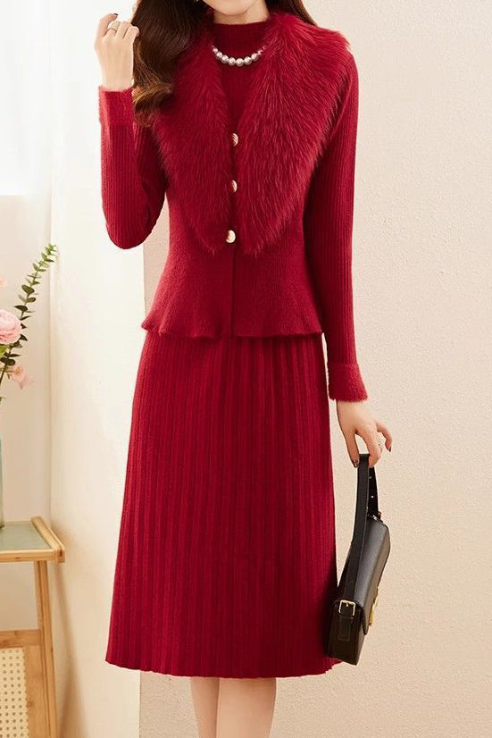 Chic Mock Neck Knit Dress and Faux Fur Collar Cardigan Set - liwisi