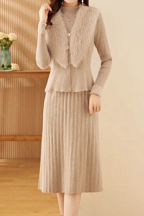 Chic Mock Neck Knit Dress and Faux Fur Collar Cardigan Set - liwisi