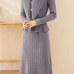 Chic Mock Neck Knit Dress and Faux Fur Collar Cardigan Set - liwisi