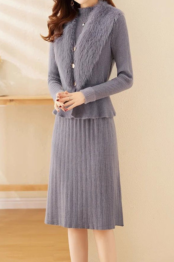 Chic Mock Neck Knit Dress and Faux Fur Collar Cardigan Set - liwisi