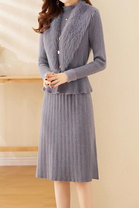 Chic Mock Neck Knit Dress and Faux Fur Collar Cardigan Set - liwisi