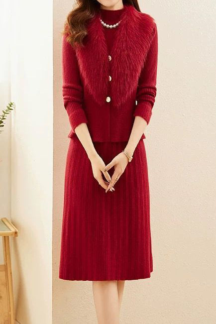 Chic Mock Neck Knit Dress and Faux Fur Collar Cardigan Set - liwisi