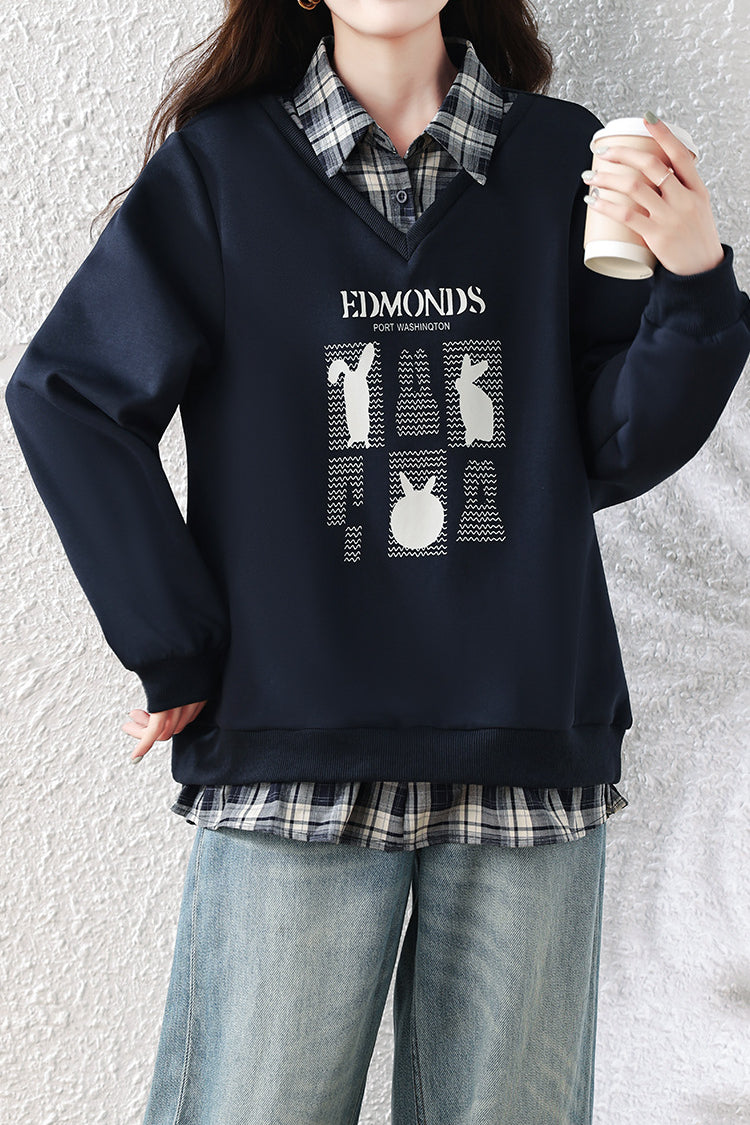 Casual Plaid Collared Layered Look Long Sleeve Sweatshirt - liwisi