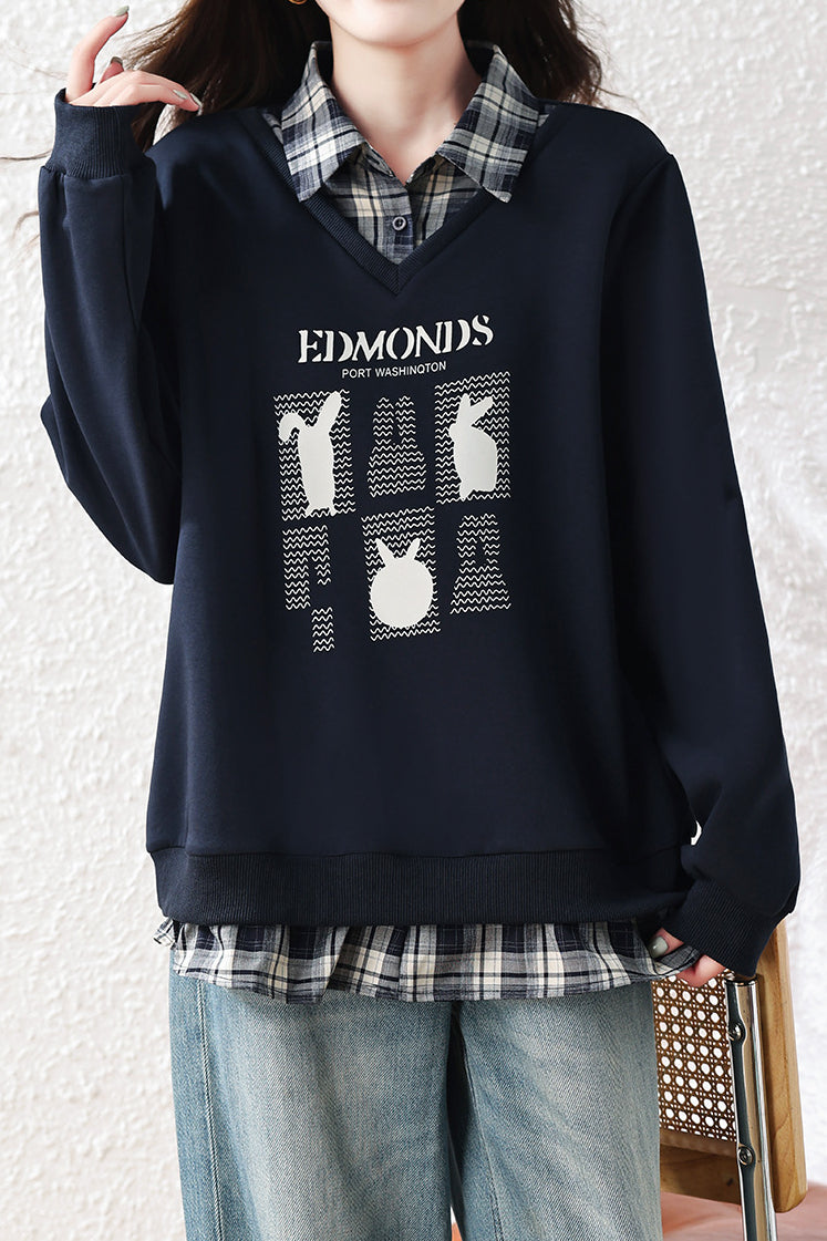 Casual Plaid Collared Layered Look Long Sleeve Sweatshirt - liwisi